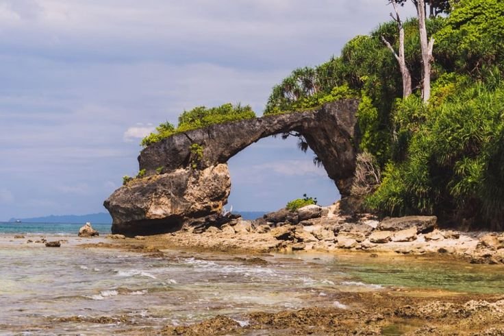 A rock arch on the beach with a tree in the foreground, Andaman Neil Island. Unforgettable Honeymoon Experiences in Andaman.